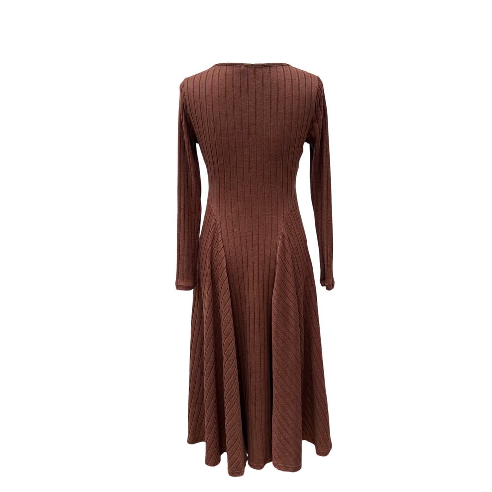 Halara Dress Sz Sm Ribbed Knit Flare Long Sleeve Flowy Casual Brown Minimalist - Picture 6 of 9